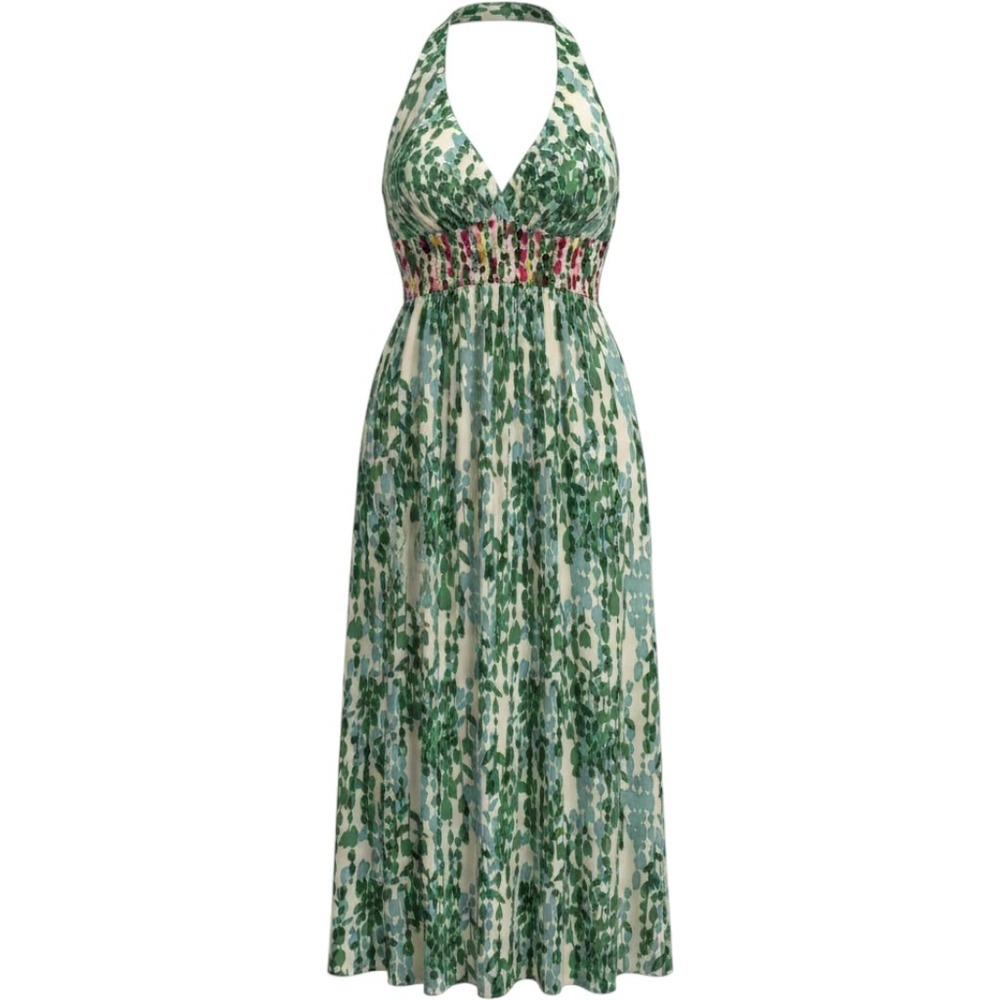 Suzi Chin Maggy Boutique Green Abstract Leaf Halter Maxi Dress Size 8 Y2K